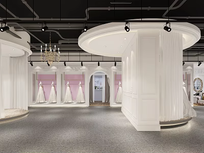 Elegant Bridal Shop Interior With Wedding Dresses White Display Stands Pink Backdrops And Chandelier 3d model