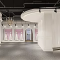 Elegant Bridal Shop Interior With Wedding Dresses White Display Stands Pink Backdrops And Chandelier