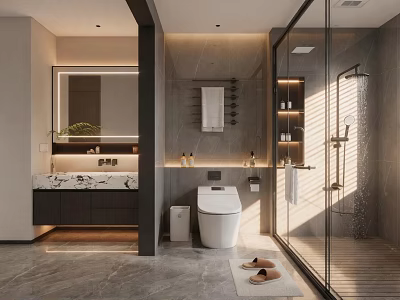 Modern Bathroom Interior With Marble Countertop Smart Toilet And Glass Shower 3d model