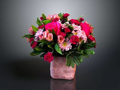 Flower Bouquet With Red Pink Flowers Green Leaves In Pink Square Vase On Dark Background 3d model