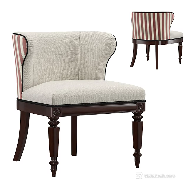 Comfortable Upholstered Accent Chair With Striped Backrest Light Cushion And Dark Wooden Carved Legs 3d model 