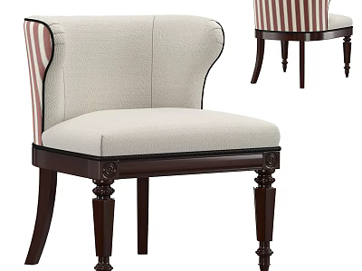 Comfortable Upholstered Accent Chair With Striped Backrest Light Cushion And Dark Wooden Carved Legs 3d model