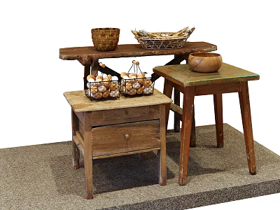 Rustic Wooden Small Tables And Stools With Baskets Clay Pots And Eggs In Wire Baskets 3d model