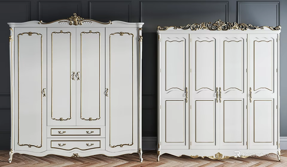 White Wardrobes With Golden Carved Accents Against Dark Walls And Wooden Floor 3d model 