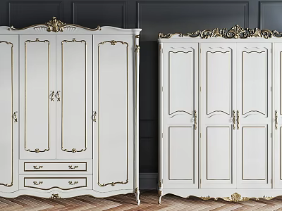 White Wardrobes With Golden Carved Accents Against Dark Walls And Wooden Floor 3d model