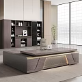 Modern Office Desk Interior With Wooden Surface Laptop Gray Chair Bookshelf And Potted Plant
