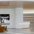 Modern Curved White Reception Desk With Staff Sofa Green Plants And Circular Ceiling Lights