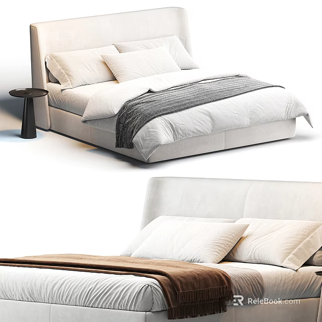 Modern Minimalist Double Bed Bedroom Design With Upholstered Headboard Soft Pillows And Bedspread 3d model 