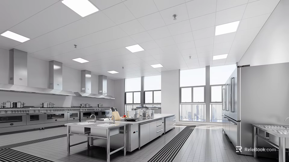 Commercial Kitchen Interior With Stainless Steel Appliances Work Counters And Large Windows 3d model 