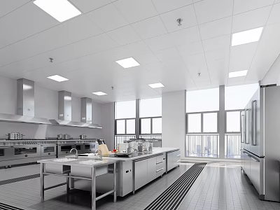 Commercial Kitchen Interior With Stainless Steel Appliances Work Counters And Large Windows 3d model