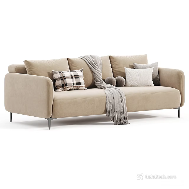 Beige Two Seater Sofa With Plaid And White Cushions Gray Throw Blanket And Metal Legs 3d model 
