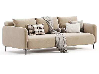 Beige Two Seater Sofa With Plaid And White Cushions Gray Throw Blanket And Metal Legs 3d model
