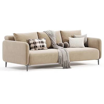 Beige Two Seater Sofa With Plaid And White Cushions Gray Throw Blanket And Metal Legs 3d model