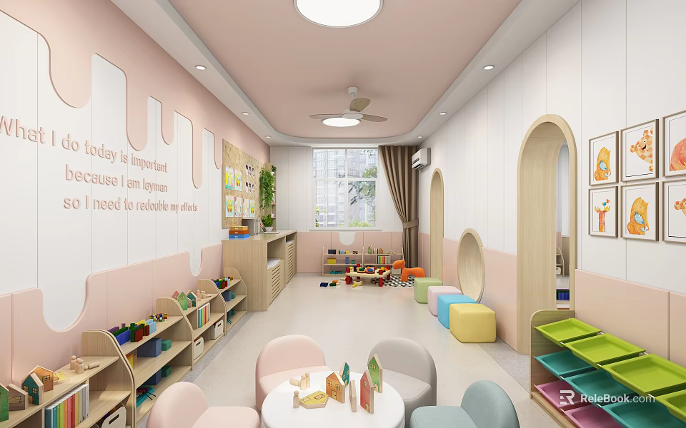 Preschool Classroom Interior With Colorful Seating Toys Bookshelves And Arched Doorways 3d model 