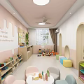 Preschool Classroom Interior With Colorful Seating Toys Bookshelves And Arched Doorways