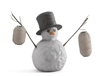 Cartoon Snowman With Top Hat Stick Arms And Hanging Lanterns On White Body 3d model
