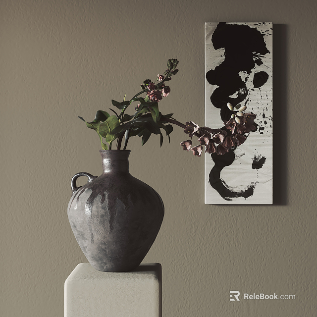 Gray Vase with Fresh Flowers on White Pedestal Against Beige Wall and Black White Abstract Painting 3d model 