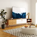 Modern Wooden TV Stand in Living Room with TV Green Plant Table Lamp and Decor