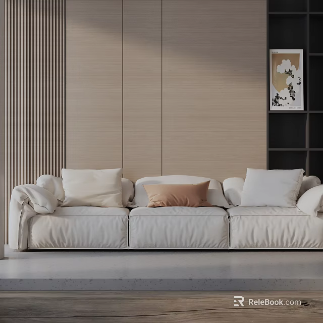 Light Beige Three Seater Sofa With Soft Cushions Against Wooden Panel Wall And Black Bookshelf 3d model 