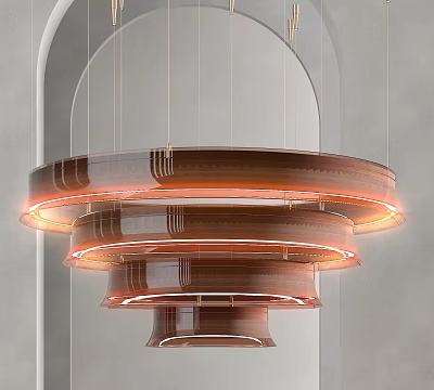 Modern Multi tiered Wooden Chandelier With Circular Illuminated Rings Design 3d model