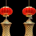 Three Red Chinese Lanterns With Golden Ornate Bodies And Red Tassels