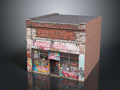 Vintage Red Brick Storefront With Colorful Graffiti And Decorative Stickers On Windows 3d model