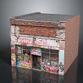 Vintage Red Brick Storefront With Colorful Graffiti And Decorative Stickers On Windows