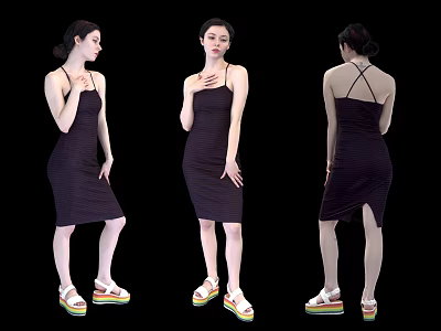 A Woman in Dark Strappy Dress With Colorful Platform Sandals Against Black Background 3d model