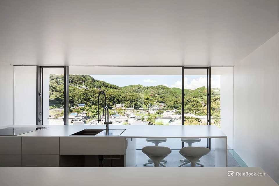 Guesthouse Kitchen Interior Design With Large Windows Mountain View And White Stools 3d model 