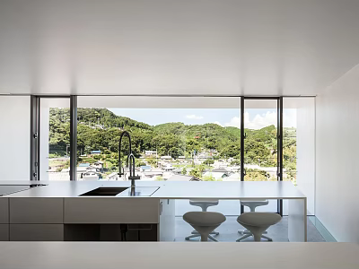 Guesthouse Kitchen Interior Design With Large Windows Mountain View And White Stools 3d model