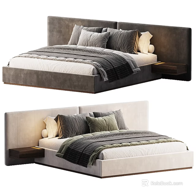 Modern Double Bed With Dark And Light Upholstered Headboard Bedside Table Pillows And Blanket 3d model 