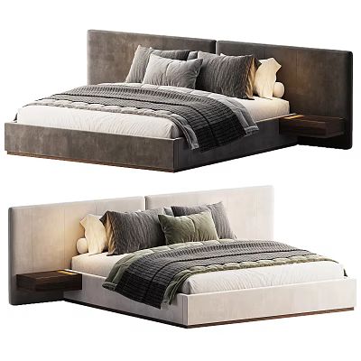 Modern Double Bed With Dark And Light Upholstered Headboard Bedside Table Pillows And Blanket 3d model