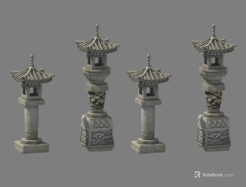 Traditional Stone Pagoda Style Outdoor Lanterns with Intricate Carved Bases and Decorative Tops 3d model 