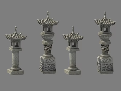 Traditional Stone Pagoda Style Outdoor Lanterns with Intricate Carved Bases and Decorative Tops 3d model