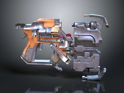 Industrial Mechanical Device With Orange And Silver Metal Components And Complex Design 3d model