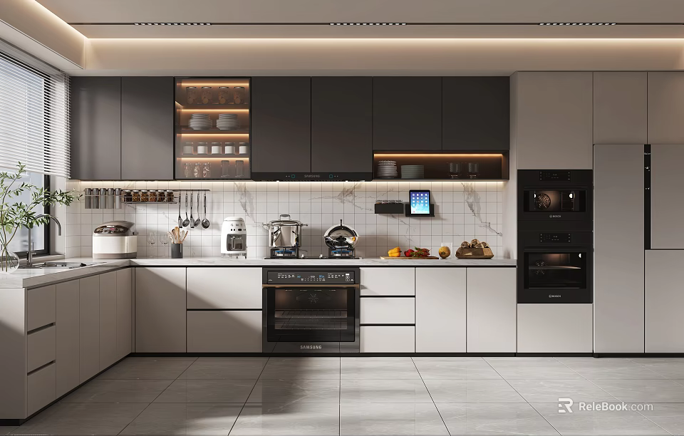Modern Kitchen Interior With Gray White Cabinets Stainless Steel Appliances And Marble Countertop 3d model 