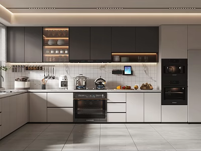 Modern Kitchen Interior With Gray White Cabinets Stainless Steel Appliances And Marble Countertop 3d model
