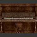 Classic Upright Piano With Red Stool And Carved Wooden Legs Design