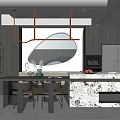 Modern Open Restaurant Kitchen Interior Design With Island Counter And Cabinets 3d model