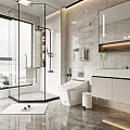 Modern Bathroom Interior With Glass Shower Enclosure Large Window White Vanity And Marble Countertop