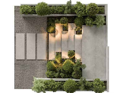 Garden Landscape Design With Green Plants Stone Pathway And Paved Ground Layout 3d model