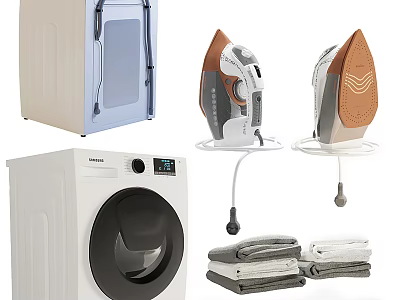 Modern Efficient Washing Machine With Dryer Irons And Neatly Folded Laundry 3d model