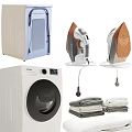 Modern Efficient Washing Machine With Dryer Irons And Neatly Folded Laundry 3d model