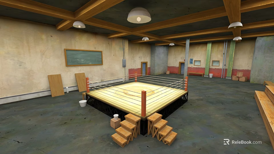Indoor Boxing Ring With Wooden Beams Chalkboard And Training Stools 3d model 