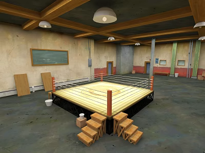 Indoor Boxing Ring With Wooden Beams Chalkboard And Training Stools 3d model