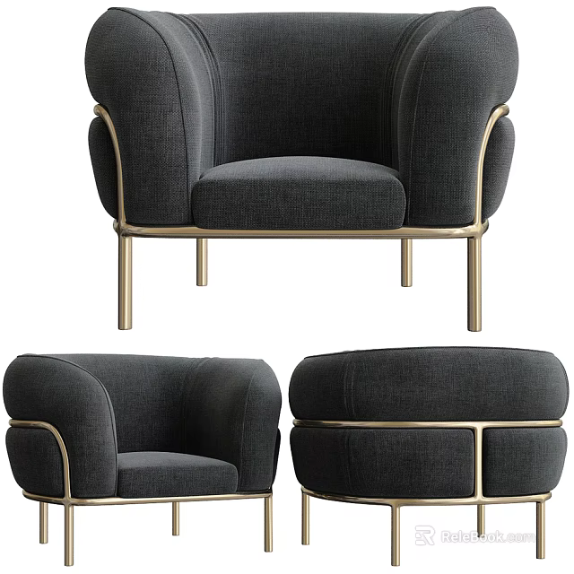 Modern Dark Gray Upholstered Accent Chair With Curved Armrests And Brass Legs 3d model 