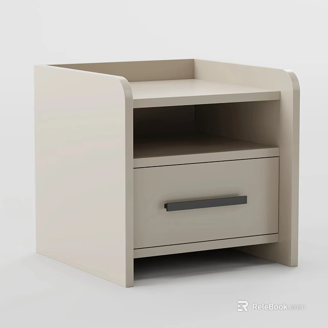 Minimalist Beige Wooden Nightstand With Single Drawer And Black Handle For Bedroom Storage 3d model 