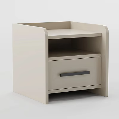 Minimalist Beige Wooden Nightstand With Single Drawer And Black Handle For Bedroom Storage 3d model