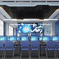 Modern Public Office Space Interior With Long Workstations Multiple Computers And Grid Ceiling 3d model
