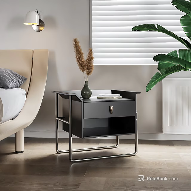 Modern Black Nightstand With Metal Frame Holding Vase Dried Pampas Grass And Book 3d model 